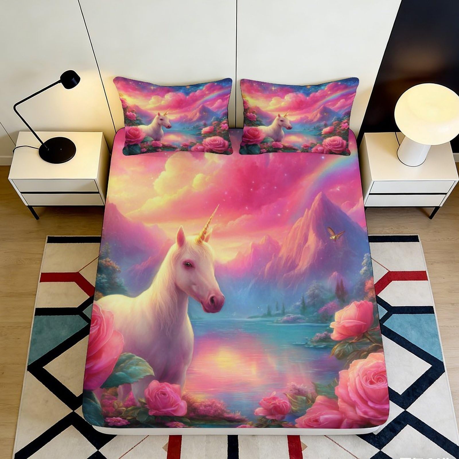 3D Printed Dreamy Unicorn Fitted Sheet Microfiber Soft Pink Fantasy Landscape Bed Cover for Bedroom Guest Room Decor 90x200x25cm