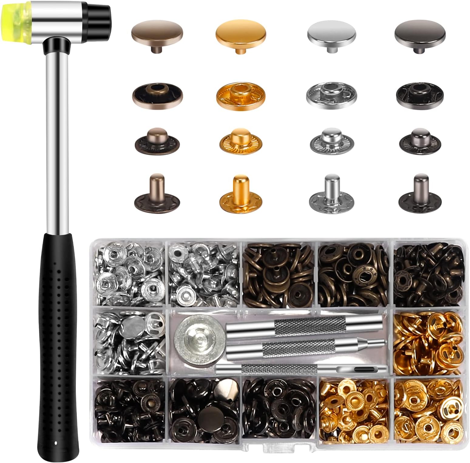 120 Press Studs Set, Snap for Leather 12.5 mm Metal Buttons with 4 Setting Tools, 1 Hammer, 4 Coloured Leather Buttons for Clothes, Jackets, Jeans, Bracelets, Bags