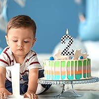 Vista 6 de Vela de cumpleaños con temática de autos de carreras, velas con número de bandera a cuadros, velas blancas y negras, decoración de pastel de feliz