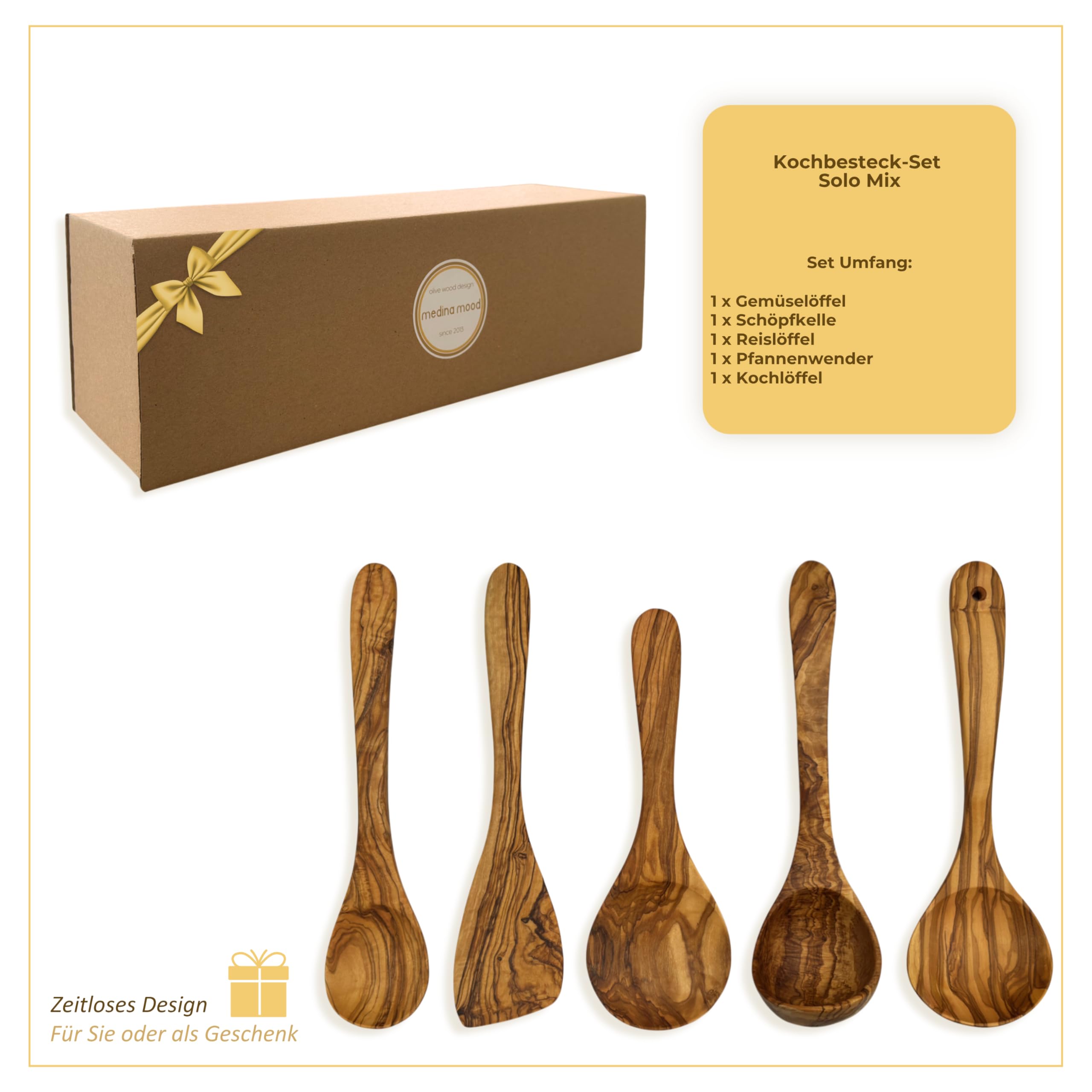 Kochbesteck Set „Solo Mix“ Olivenholz 5-teilig – vielseitige Küchenhelfer Holz – Hitzebeständig, langlebig, pfannenschonend & natürlich