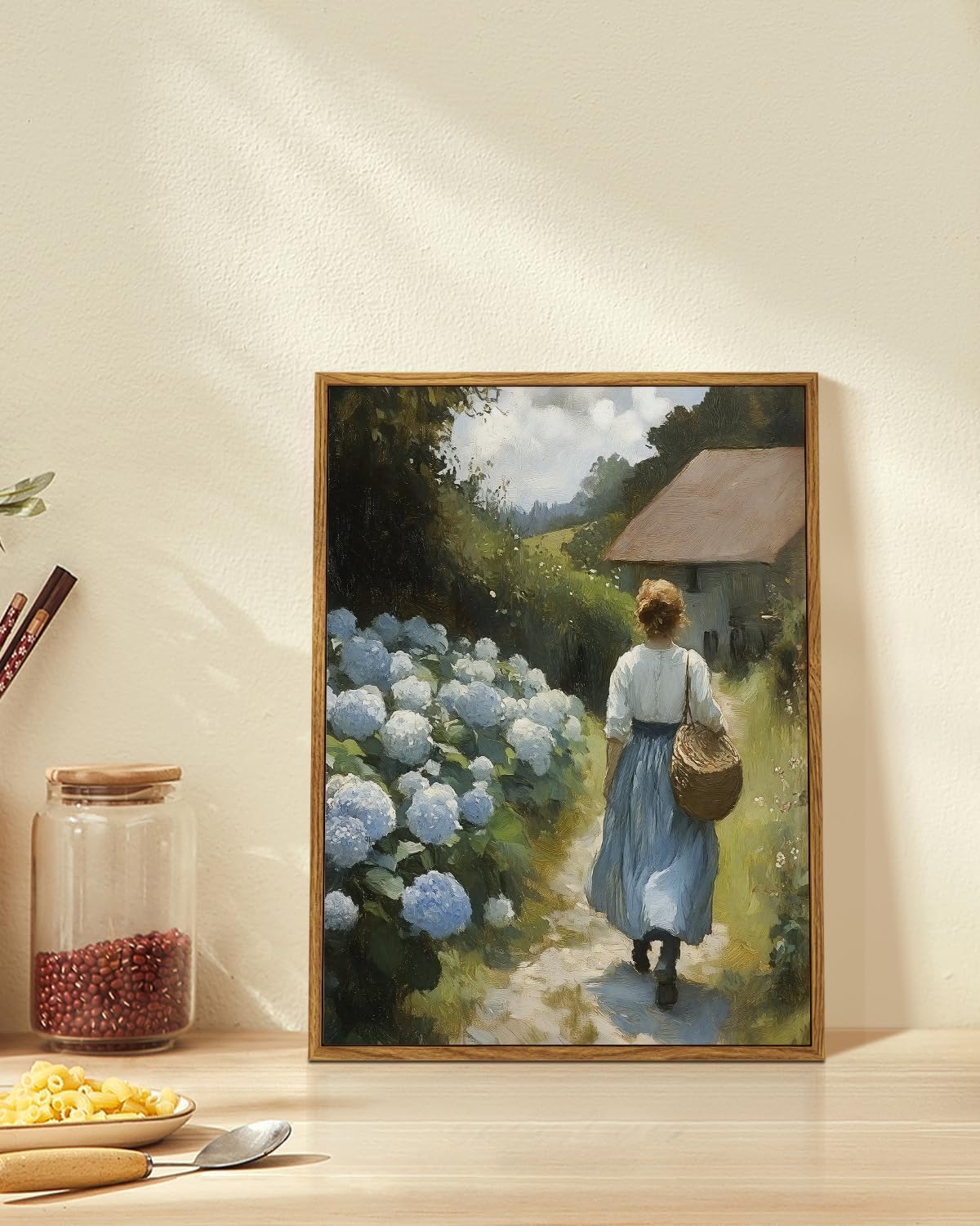 MTFBWY Blue Hydrangea Wall Art Framed, Vintage Floral Canvas Wall Art, Romantic Cottagecore Wall Decor, Soft Farmhouse Painting Picture Prints for Bathroom, Bedroom, Living Room 12" x 16"