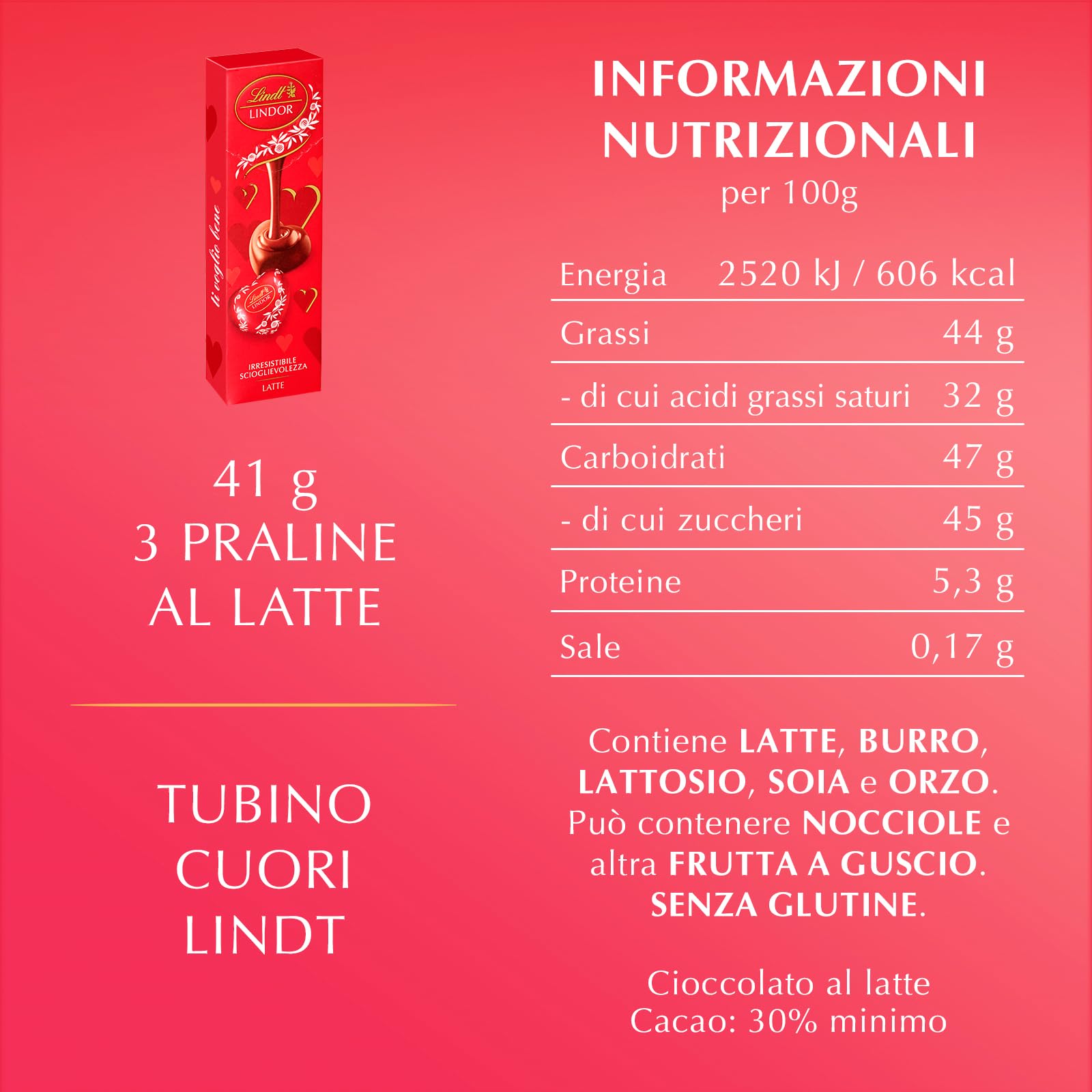 Lindt LINDOR Tubino Cuori, Confezione di Cuori LINDOR al Cioccolato al Latte, Formato 41g