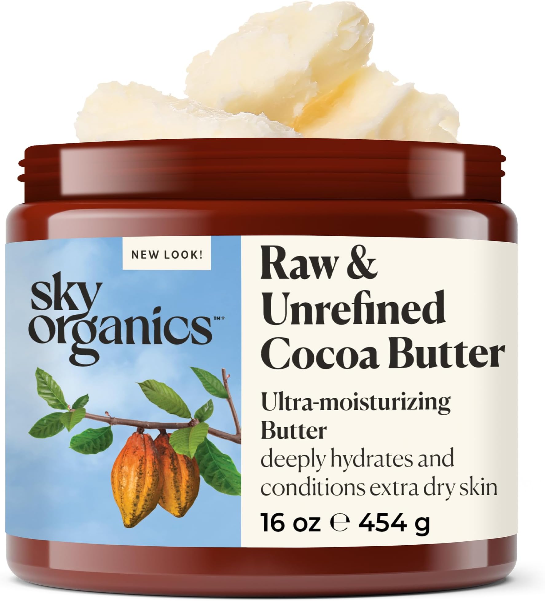 Sky Organics Cocoa Butter for Body, 100% Raw & Unrefined Ultra-Moisturizing Butter to Deeply Hydrate & Condition Skin, Promotes Smooth Skin Tone & Texture, Suitable for Tight or Extra Dry Skin, 454g