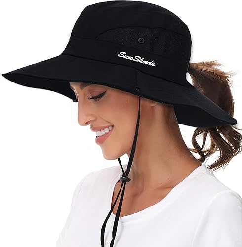 Sombrero Safari-Protección del Sol para Mujer - Sombrero de verano para playa al aire libre, cola de caballo, ala ancha transpirable (22"-23")
