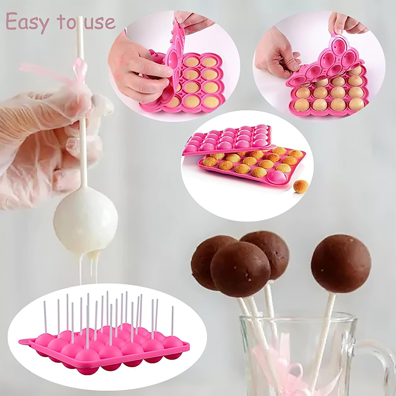 Moule à cake pop, rond, en silicone, à 20 trous, avec 100 batons Pop Cake, 100 paquets de bonbons, présentoir à mesurer, pour cakes, bonbons, gelée et chocolat