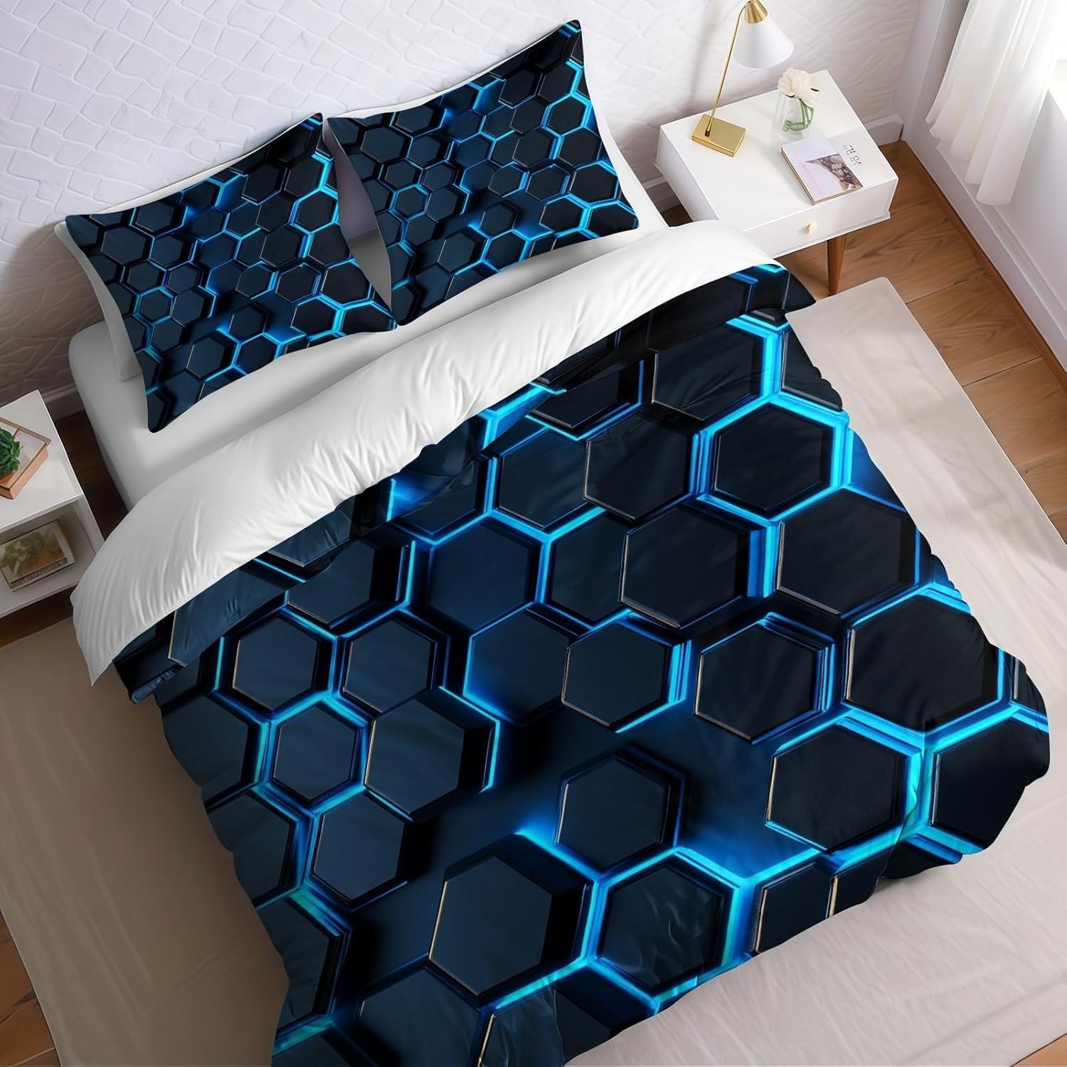 Poszwa na kołdrę 240 x 220 z plastrem miodowym geometryczna 3-częściowa poszwa na kołdrę z mikrofibry Miękkie odwracalne poszewki na kołdrę + 2 poszewki na poduszki 50 x 75 cm z zamkiem błyskawicznym