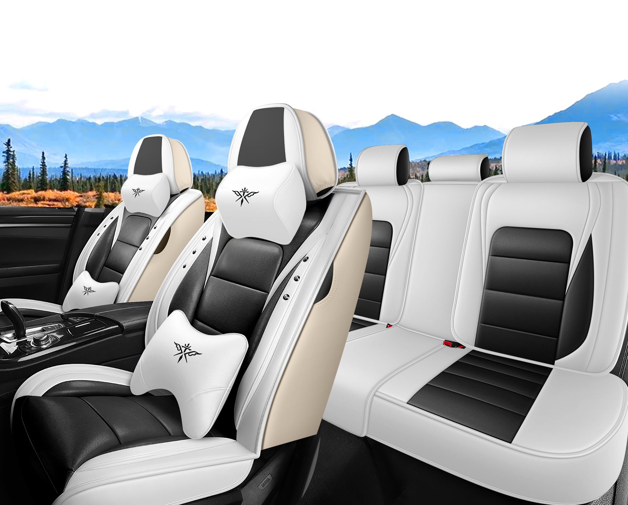 Seat Covers 5 Seats for Land Rover Range Rover Evoque 2005-2025,Luxury Full Set Front and Back Leather Car Seat Cover Full Set,Waterproof car seat Cushion,Vehicle Accessories (Black White)