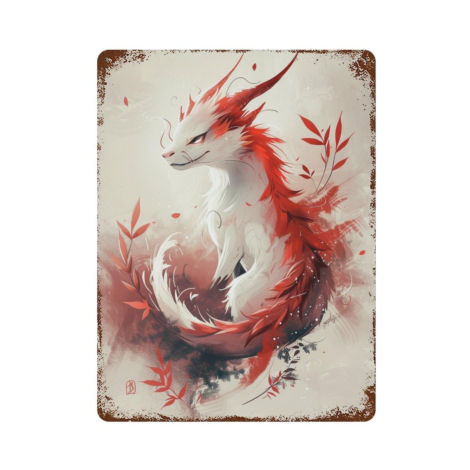 Red And White Fantasy Creature Artwork Distressed Metal Wall Sign 15.7"x11.8", Ideal for Cafe, Home Bar And Lounge Decor
