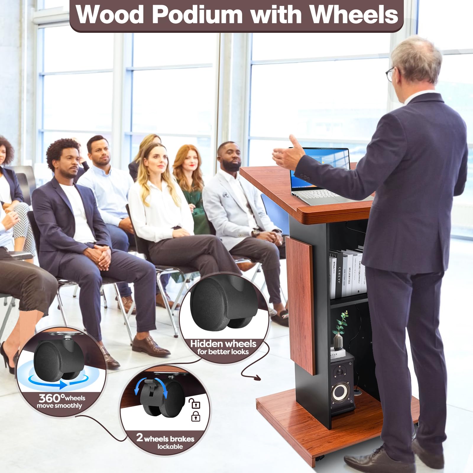 Podiumständer aus Holz mit 4 feststellbaren Rollen, 118 cm großer Rednerpult aus Holz mit Aufbewahrung, Holz-Kanzel mit Drahtloch, für Büro, Schule, Konferenzen, Restaurant, Meeting, Auditorium