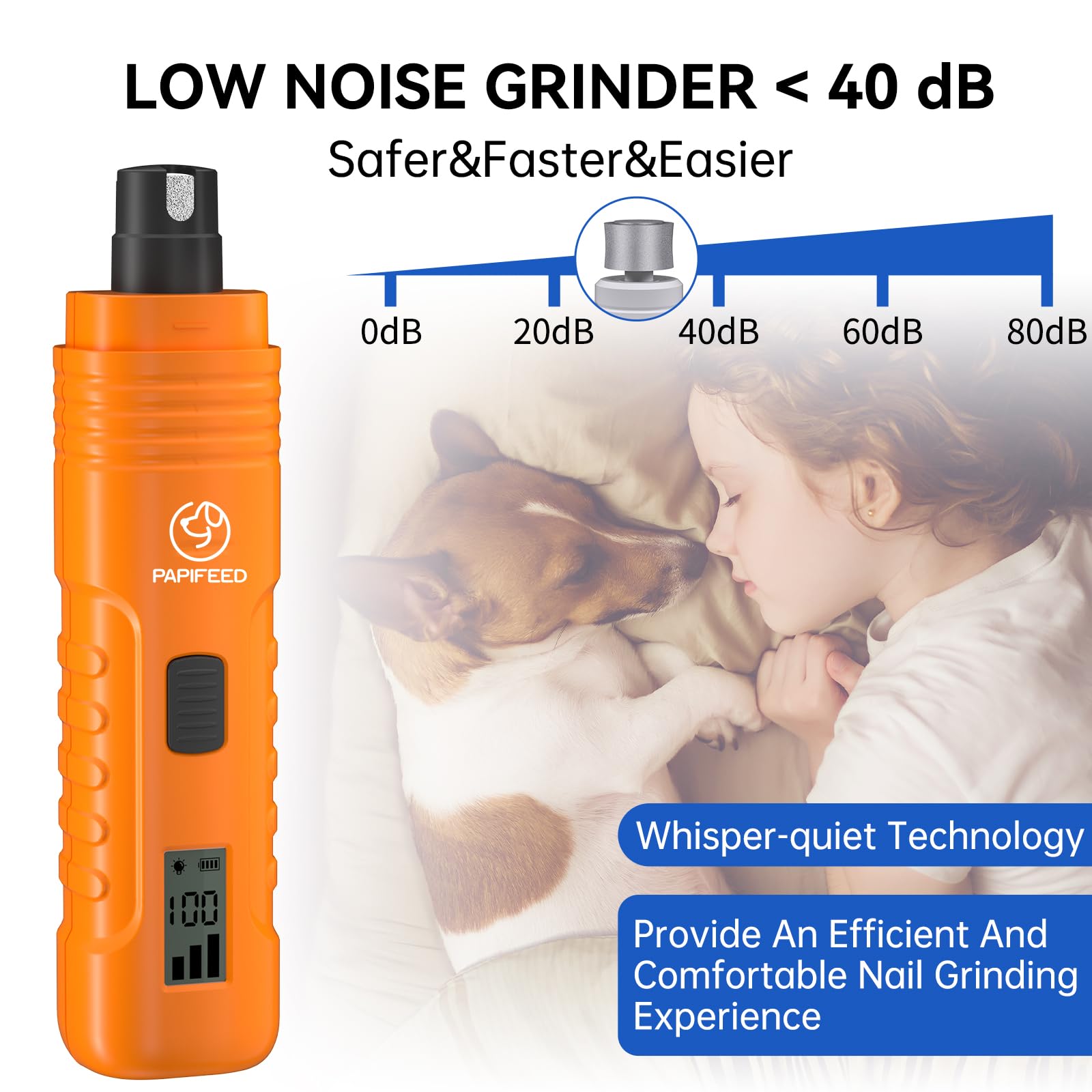 PAPIFFEED Dog Nail Grinder with LCD Display – Quiet Electric Nail Trimmer with Dual LED Light, Safe for Black & Thick Nails, Rechargeable for Small Medium Large Dogs & Cats (Orange) - image 4
