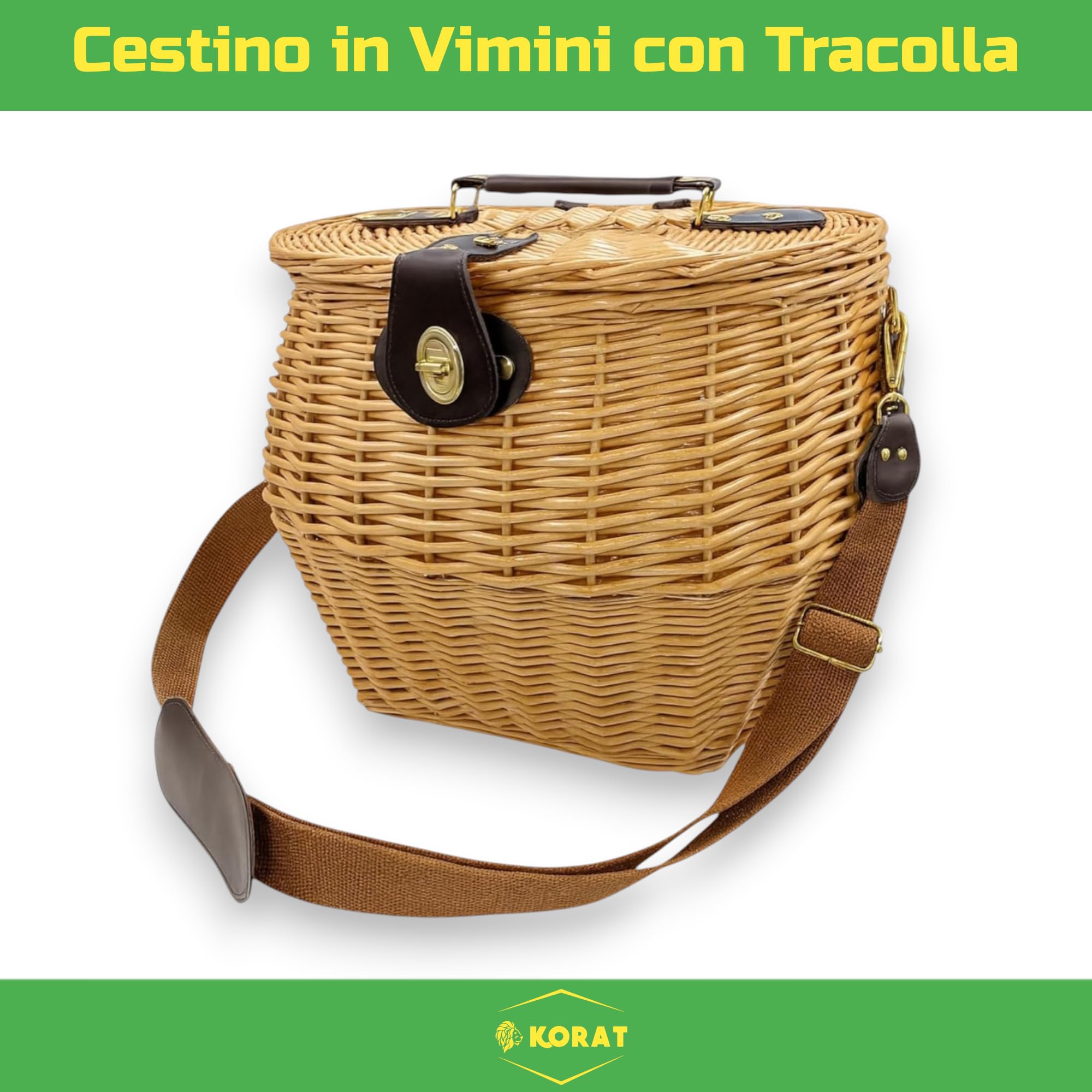 KORAT - Cestino in Vimini con Tracolla e Chiusura in Ottone, Cesto Raccolta Funghi 31x26x29 cm, Borsa Intrecciata Naturale con Maniglia, Robusto e Portatile per Outdoor e Picnic