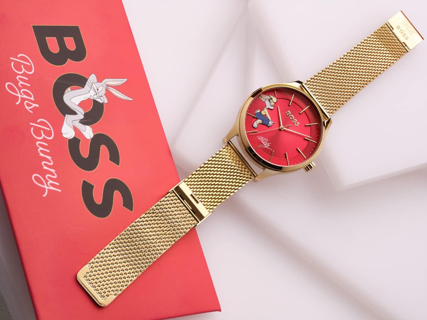 BOSS Women's Elite, Yellow Gold Ionic Plated Stainless Steel case and mesh Bracelet Watch, Color: Yellow