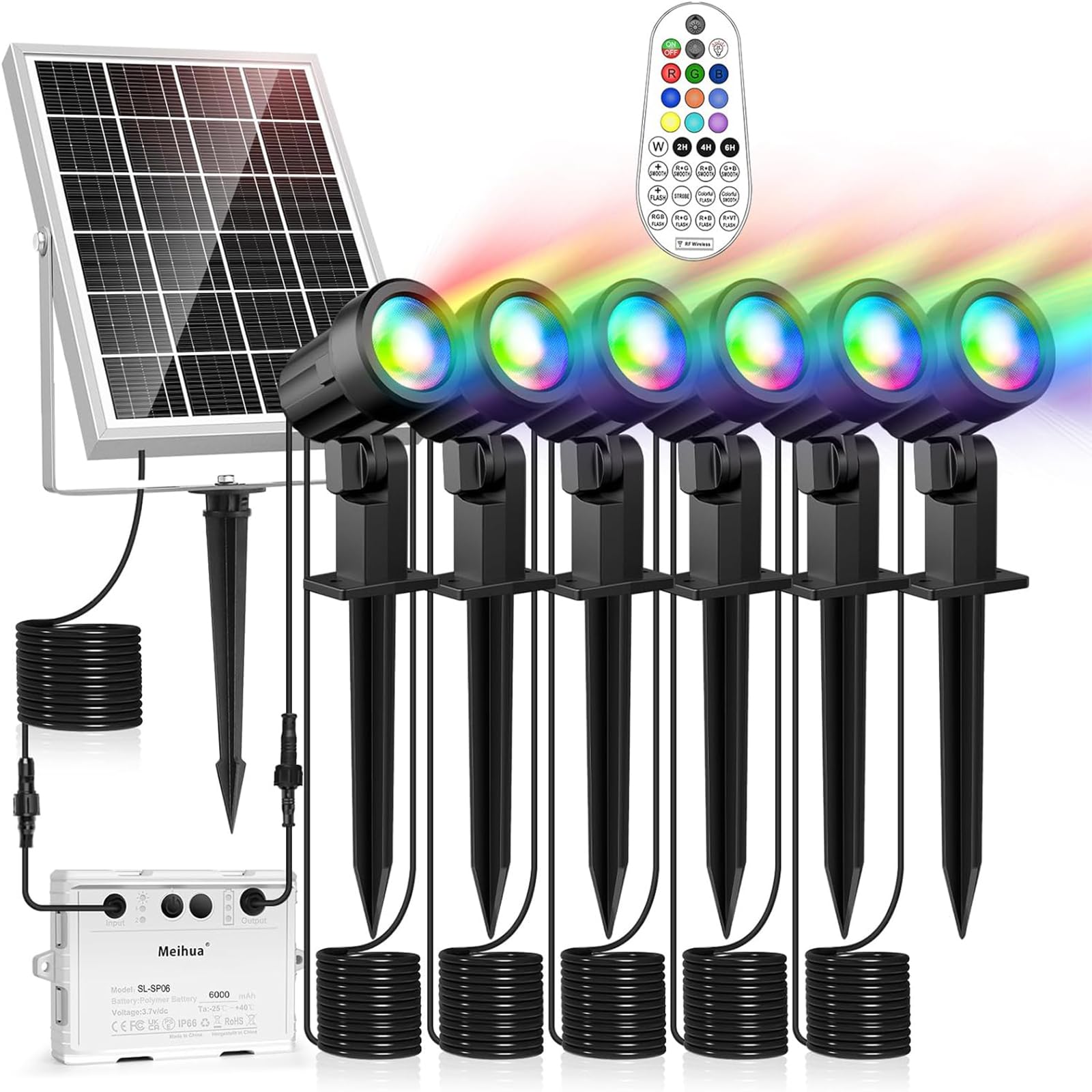 MEIHUA Solarlampen für Außen 6 Stück, Solar Strahler RGB Gartenleuchte mit Fernbedienung, IP66 Wasserdichte 10 Farben 30 Zyklus-Modi