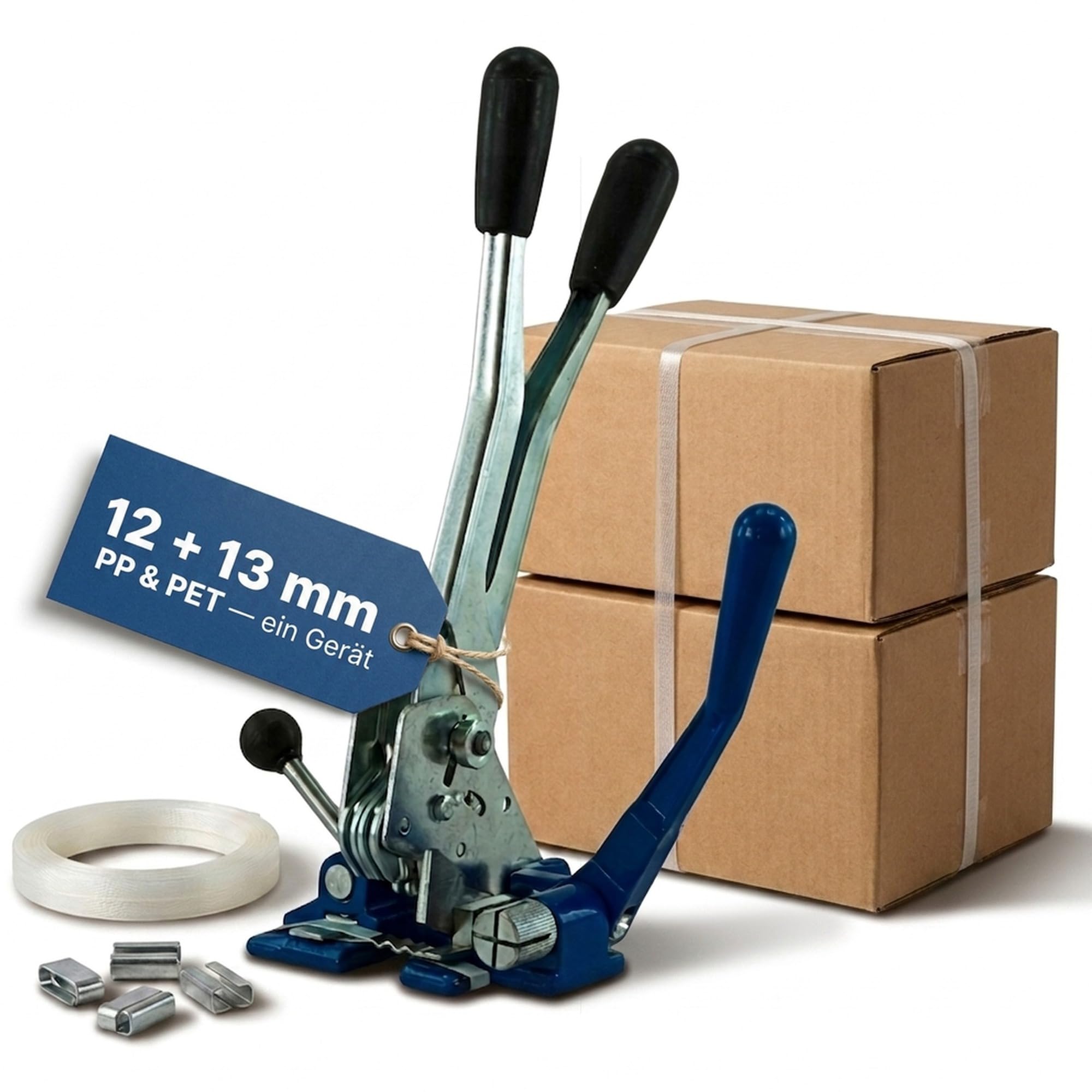 KK Verpackungen Umreifungsgerät | 1 x Verschlussgerät für PP PET Umreifungsband 12-13 mm Bandbreite | Bandspanner mit Verschlusshülsen aus Metall | Spannen, Verschließen und Schneiden in einem Gerät