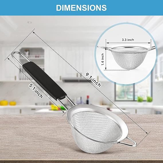 Fine Mesh Strainer - 3.4 Inch Round Sieve - Tea Strainers for Loose Tea, Coffee Strainer, Food Strainer, Juice Strainer, and Much More!