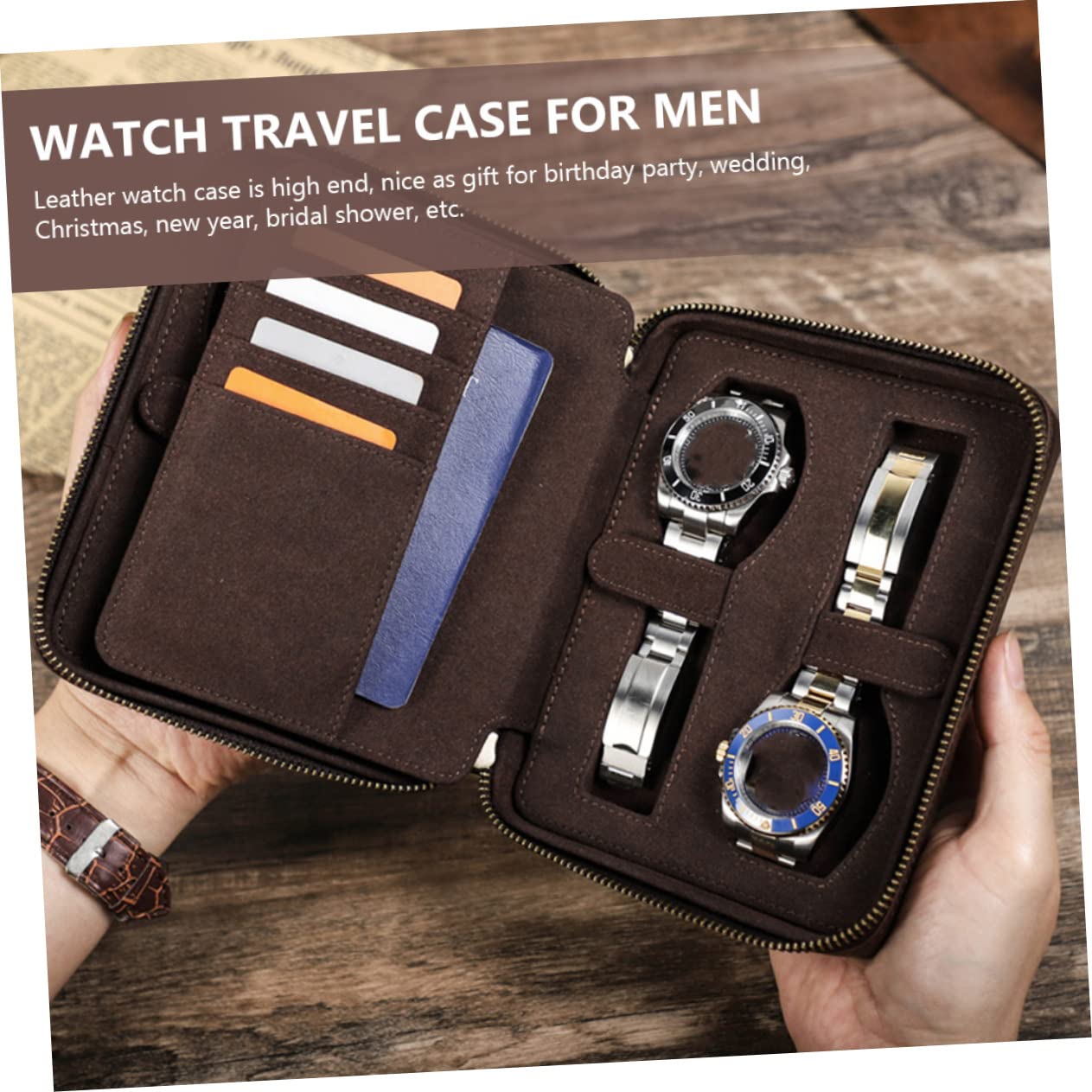 LIFKOME Caja de Relojes de Viaje 4 Ranuras en Cuero Café para Hombre | Cierre Cremallera, Dos Compartimentos Laterales, Diseño Delgado y Formato Portátil