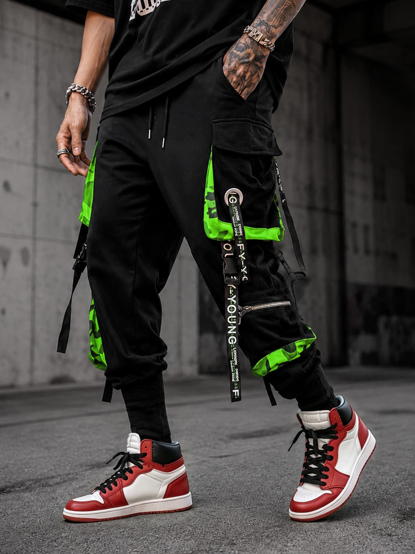 Hello MrLin Jogginghose für Herren, Punk, Cargohose, Baggy, Techwear, Hip-Hop, Haremshose, Streetwear, Taktische Trainingshose, schwarz und grün, Klein