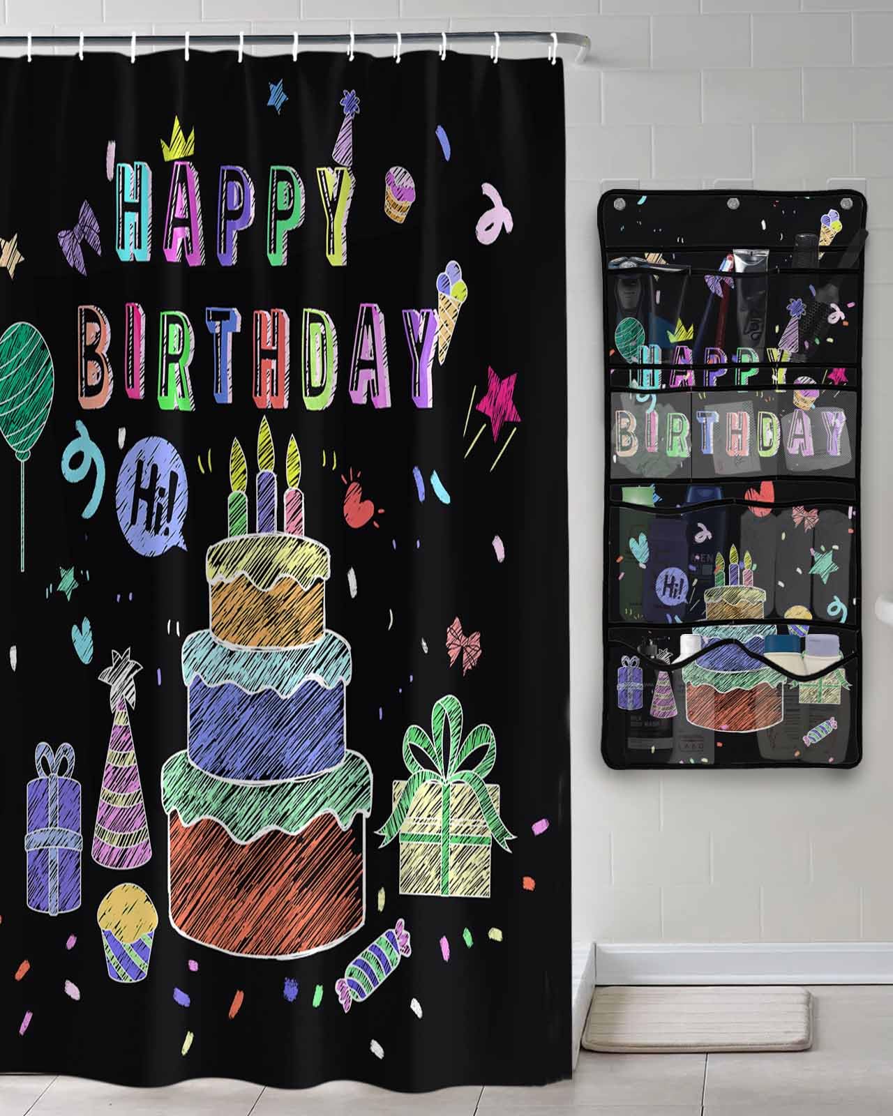 Shower Curtain Mesh Shower Organizer Hanging Set Happy Birthday Cake Firwoks Black Waterproof Shower Curtains with 10 Pockets