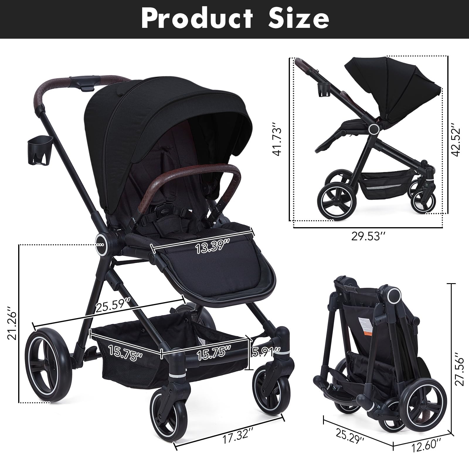Poussette Bébé Multifonction Pliante, Capote Solaire XXL, Grand Panier, Dossier Inclinable, Roues Tout-Terrain, Pour Enfant Jusqu'à 22 kg, Idéale Voyage & Quotidien (Noir)