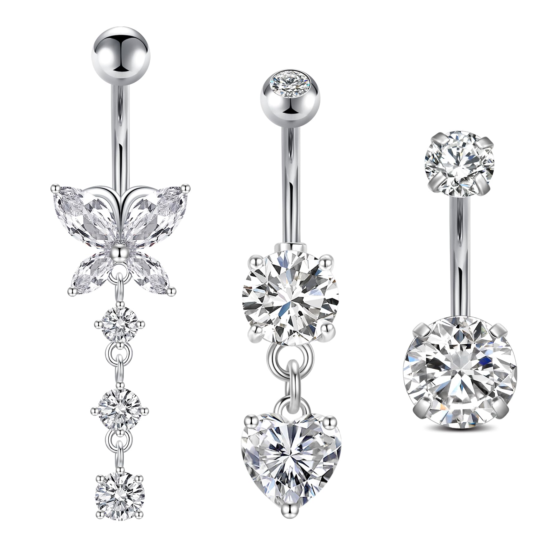 FECTAS 3pcs Belly Button Bars Silver Gold Belly Bar Surgical Steel 14G Navel Bars Belly Button Piercing Jewellery Heart Butterfly Dangle — view 5