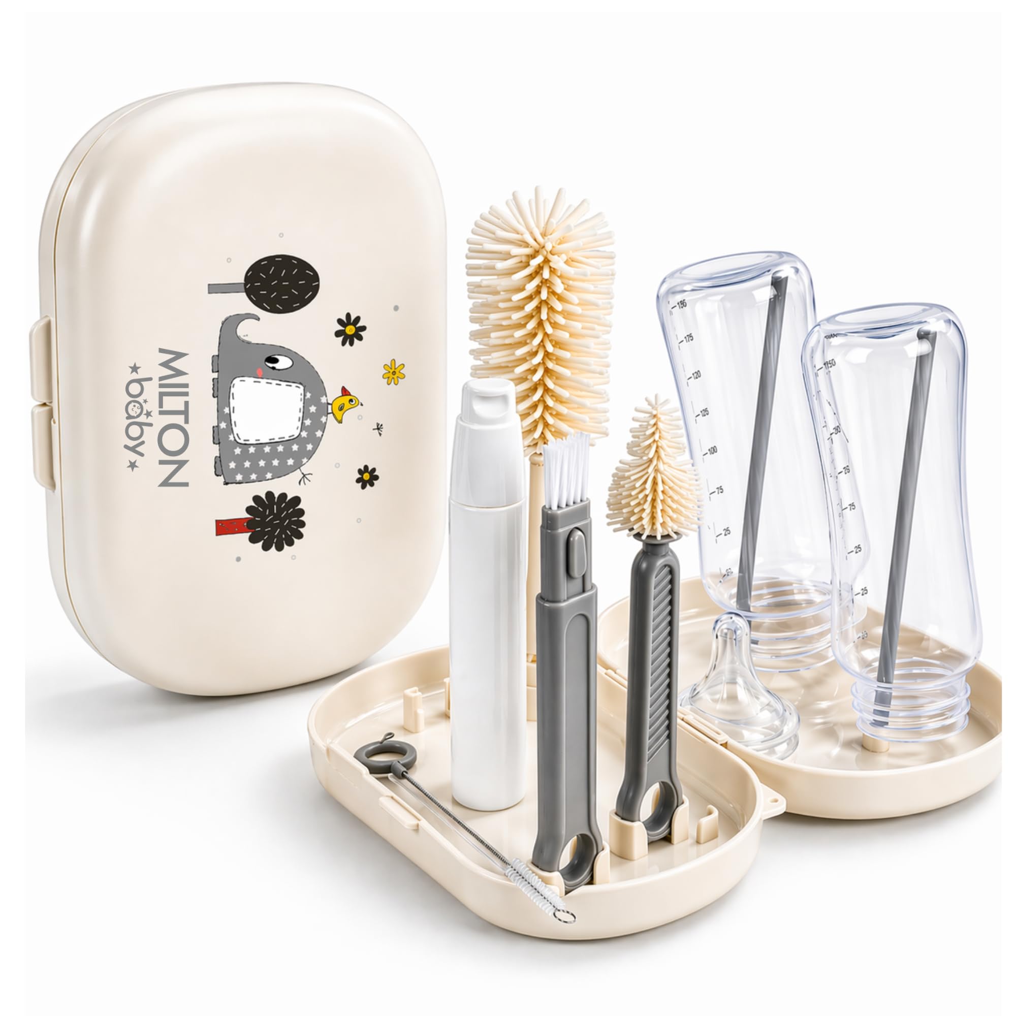 5-in-1 Travel Bottle Cleaner Kit I Bottle, Nipple & Straw Cleaner I BPA Free - Food Grade Silicone Brush,Compact Soap Dispenser,Drying Rack,Home And Travel Essential, Elephant Print, Cream-image-1