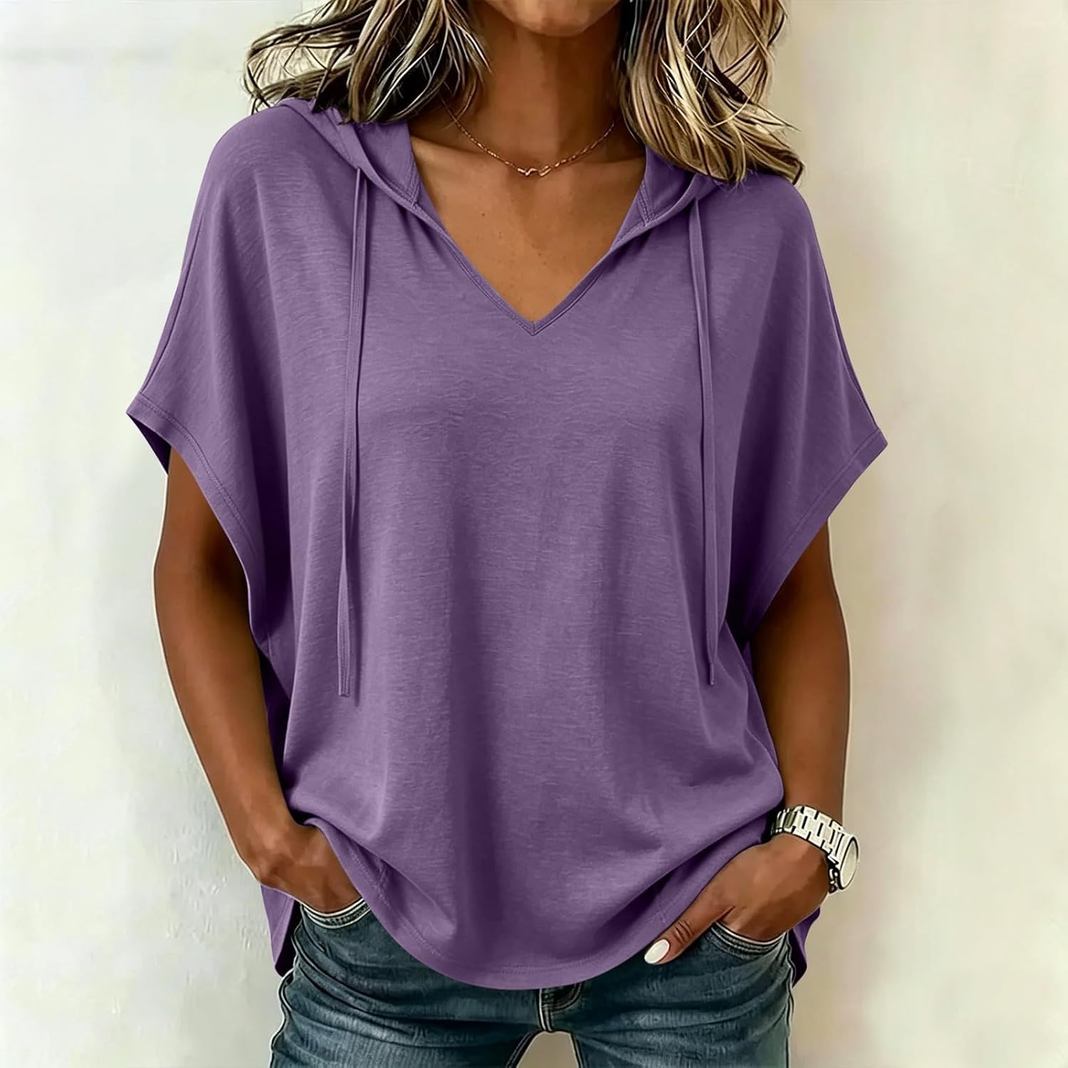 Plus Size Hoodies for Women V Neck Short Sleeve Drawstring Casual T-Shirt Loose Fit Summer Solid Color Hooded Tops