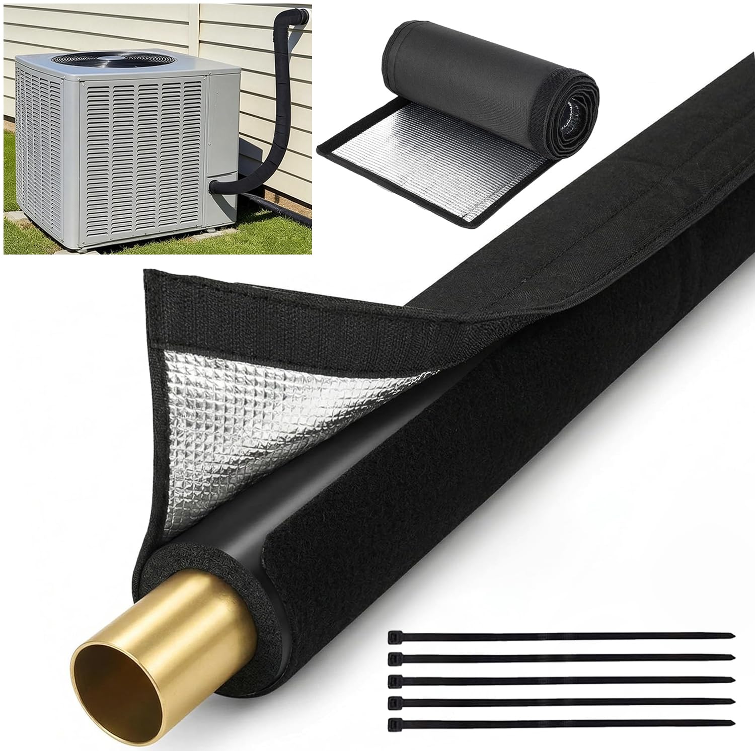 HVAC Pipe Insulation Cover 72"x10.2" AC Line Set Sleeve, Outdoor 5-Layer 600D Oxford AC Copper Lines Cover for Mini Split, Central Air Conditioner, Heat Pump Sunproof, Anti-Freeze Black