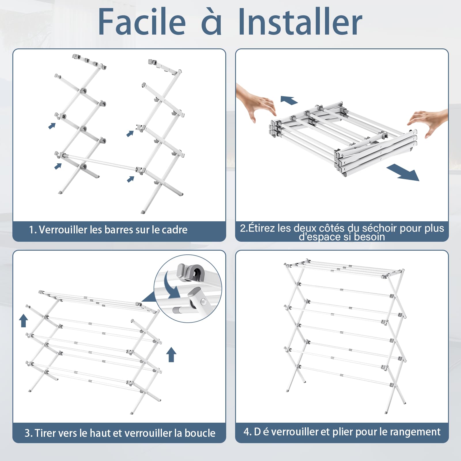 Etendoir Linge Interieur 3 Niveaux Pliable SYKIARIOL - Sechoir a Linge Extensible et Gain de Place - Métal Durable pour Intérieur/Extérieur (Noir)