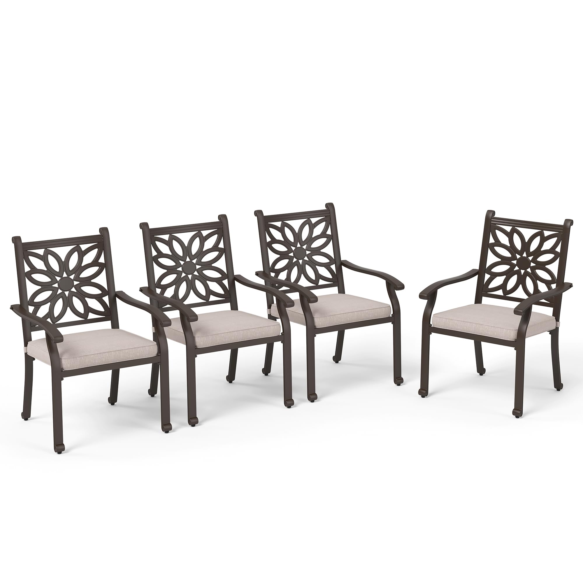 PHI VILLA Cast Aluminum Outdoor Patio Dining Chairs, Extra Wide Armrest Stable Chairs with Seat Cushion, Casting Aluminum Back for All Weather, Set of