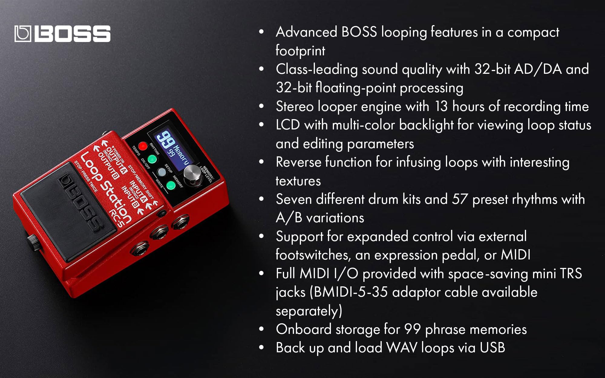 Boss RC-5 Loop Station Guitar Pedal Bundle with Roland 10ft