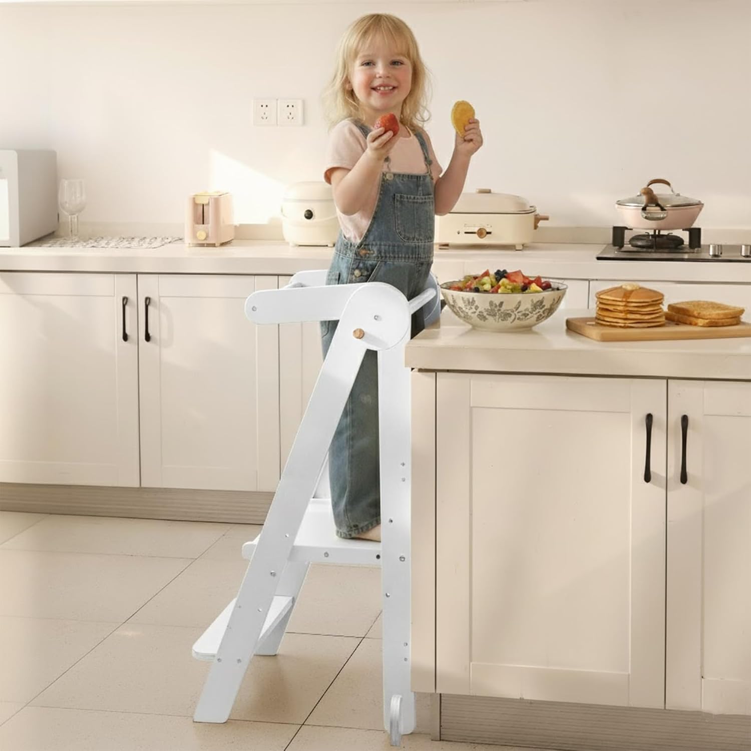 Foldable Toddler Tower 95% Preassembled Kitchen Stool Helper Folding Step Stool for Kids Montessori Toddler Standing Tower with 3 Adjustable Height Helper Tower for Kitchen Counter Sink White