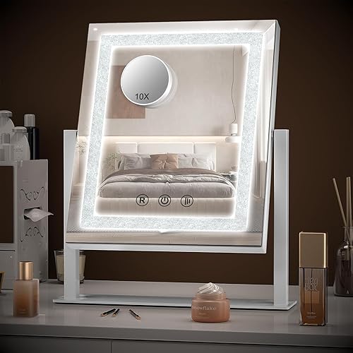 Decovesta Espejo de maquillaje con luces LED, 3 modos de iluminación de color, brillo regulable, diseño de diamante cirstal con lupa de 10X, control