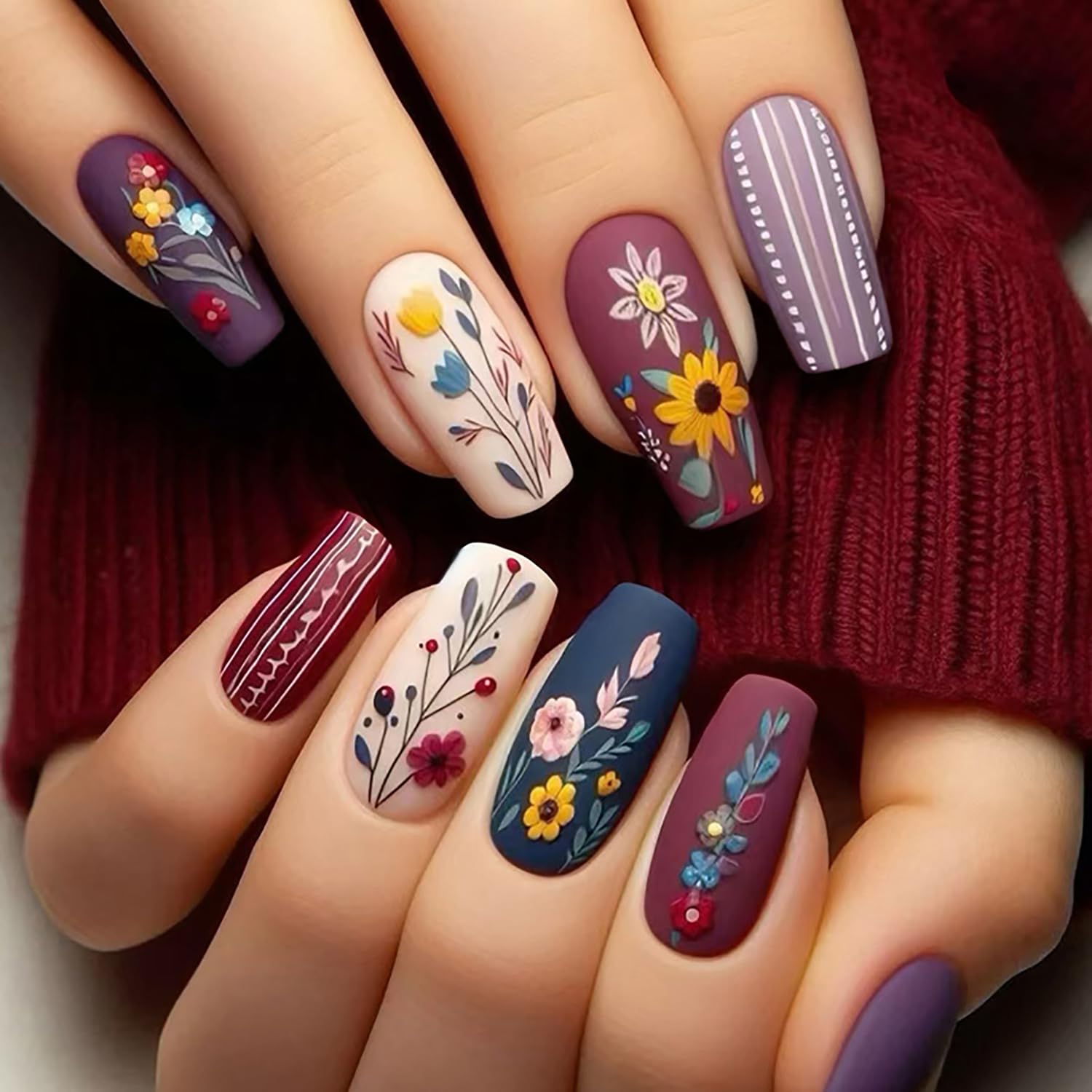 Flower False Nails Press on Nails Medium Matte Acrylic Nails Floral Stripe Pattern Design Artificial Coffin Nails Full Cover Forsted Fake Nails Ballet