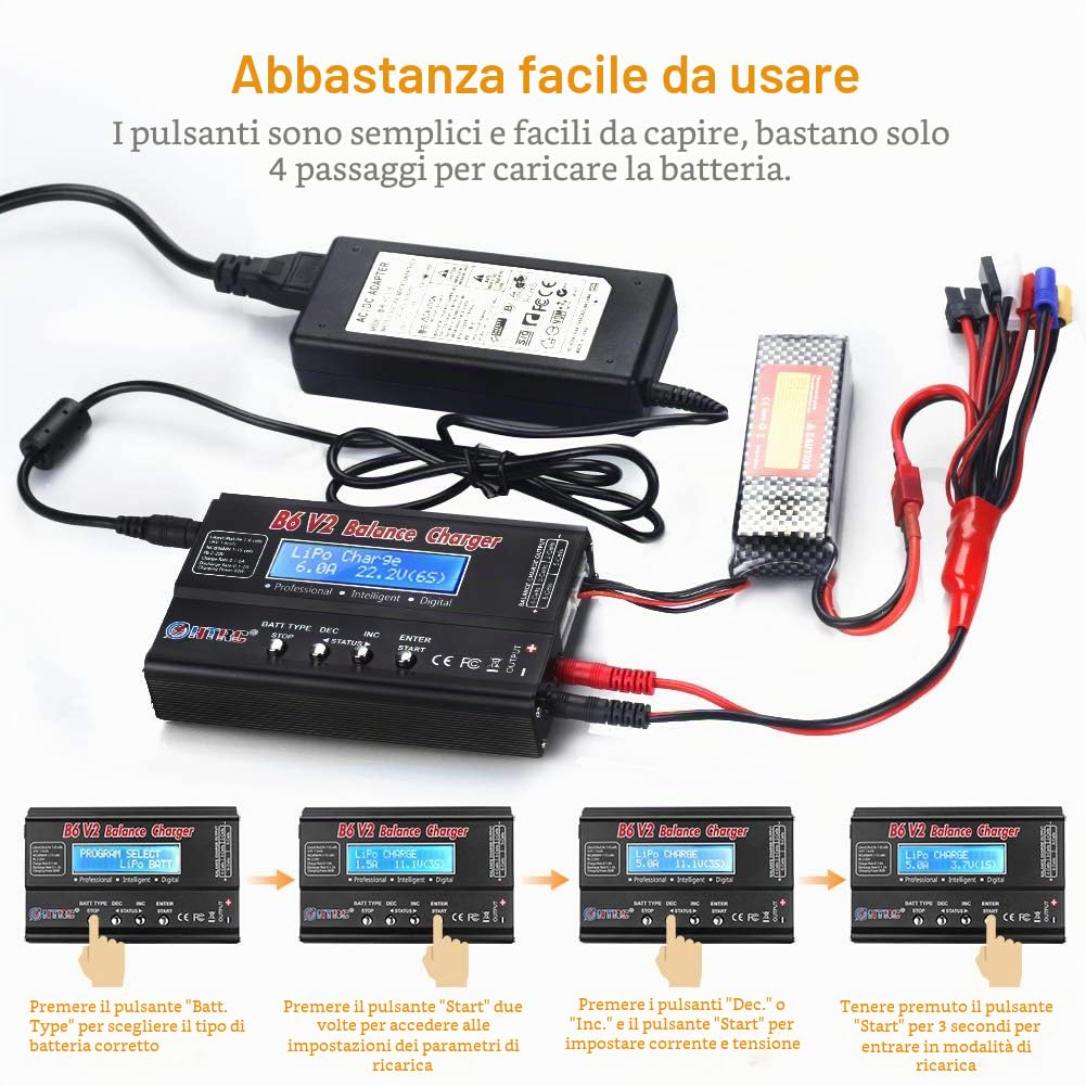 Haisito Caricabatterie LiPo Balance, Caricatore Pacco Batteria 1S-6S Digitale 80W 6A Connettori Deans + Alimentatore
