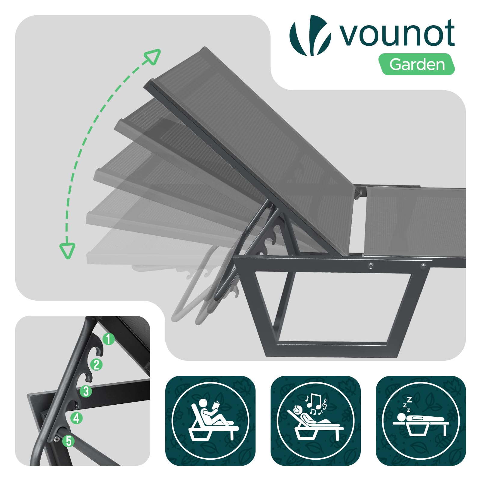 vounot® Lot de 2 Bain de Soleil en Textilène Structure en Aluminium Inclinable Chaise Longue 5 Positions Transat Charge Max 180KG pour Jardin Terrasse Piscine Plage Camping Gris