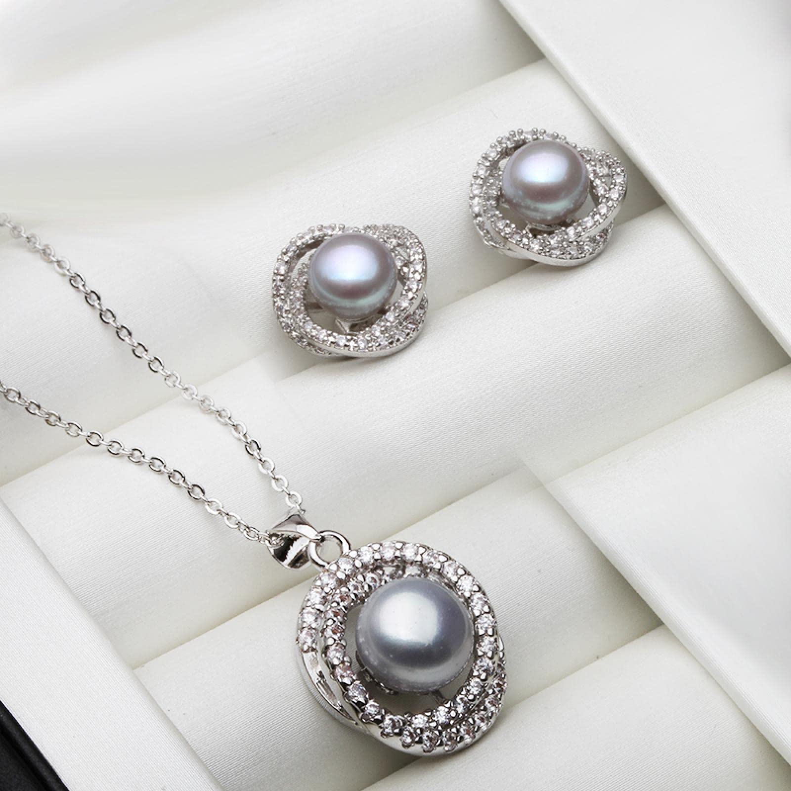 Perlenohrringe Damen Ohrringe Ohrstecker Schmuck Mädchen Geschenke Ohrhänger Echt Weiß Schwarz Naturperle Halskette Ohrring Set Frauen Feiner Schmuck Jubiläum Grauperlenset