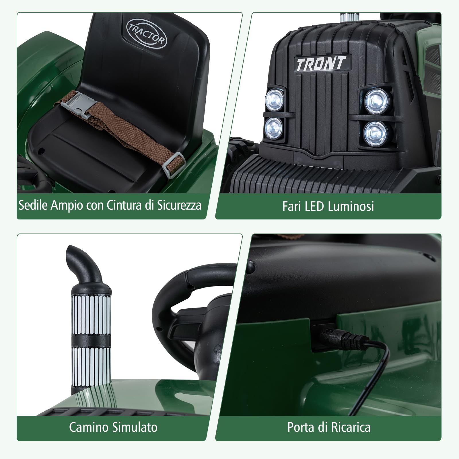 RELAX4LIFE Trattore Elettrico a Batteria 24V con Rimorchio Staccabile, Controllo Remoto, Porta USB, Connessione Wireless e Luci LED, Veicolo a 3 Velocità per Bambini dai 3 agli 8 Anni (VERDE)