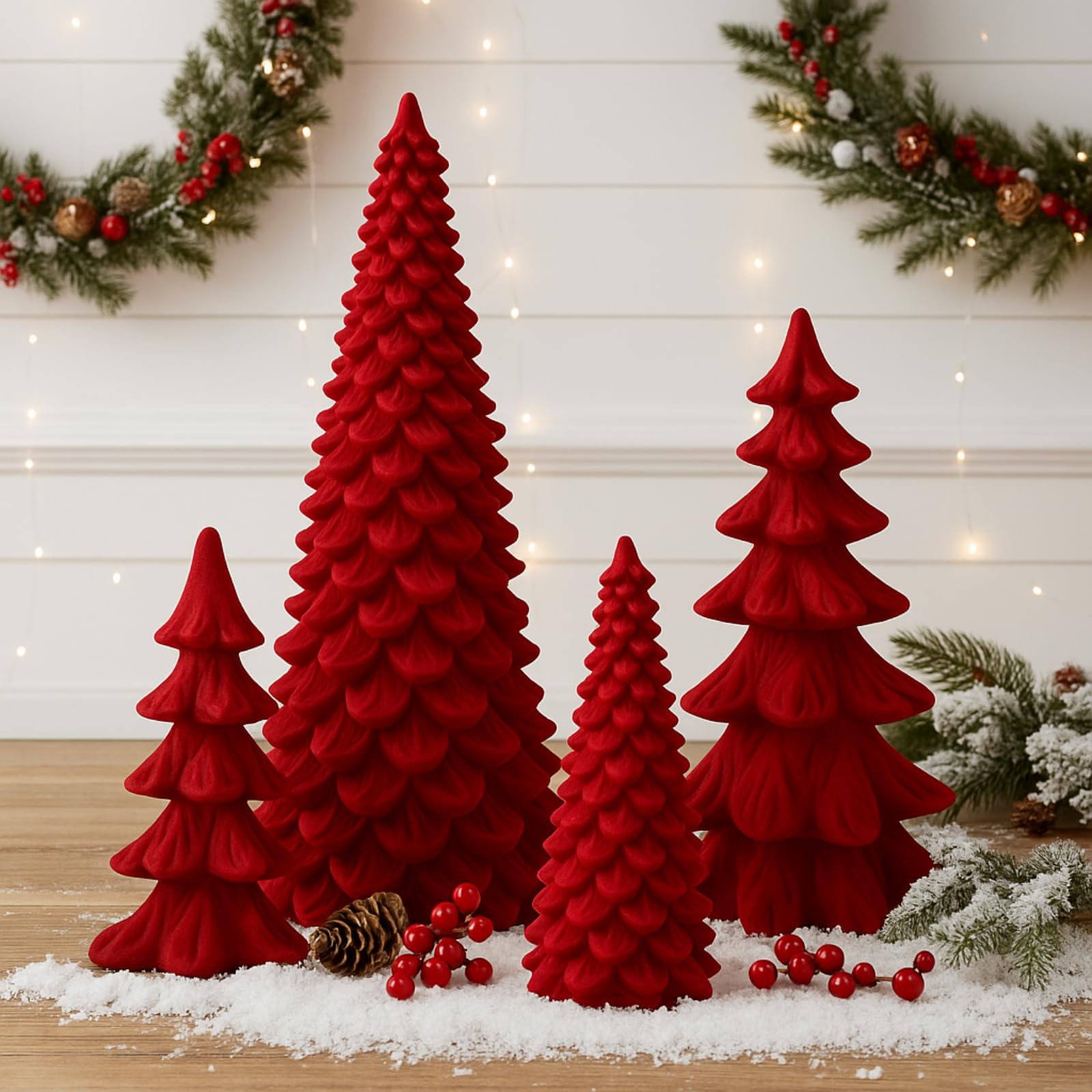 thyle 4 pcs christmas velvet trees set christmas resin cone tree figurines decorations winter table centerpieces rustic flocked home mantel tabletop minimalist decor for xmas holiday ornaments(red)