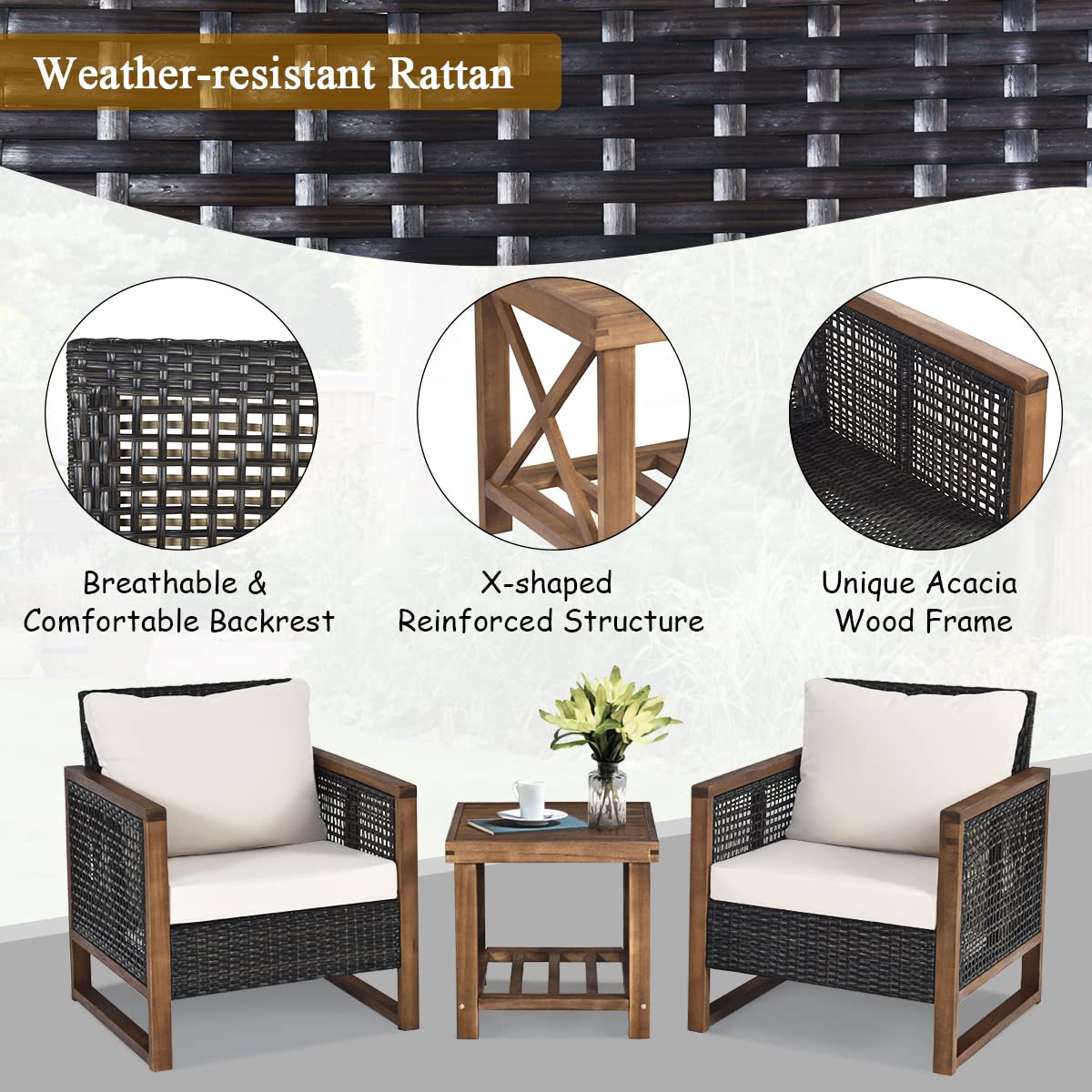 GIANTEX Juego de Muebles de Jardín 3 Piezas, 2 Sillones de Ratán con Marco de Madera de Acacia, con Mesita de Café, Asiento con Cojines, 115 x 64 x 80 cm, para Jardín, Terraza, Patio
