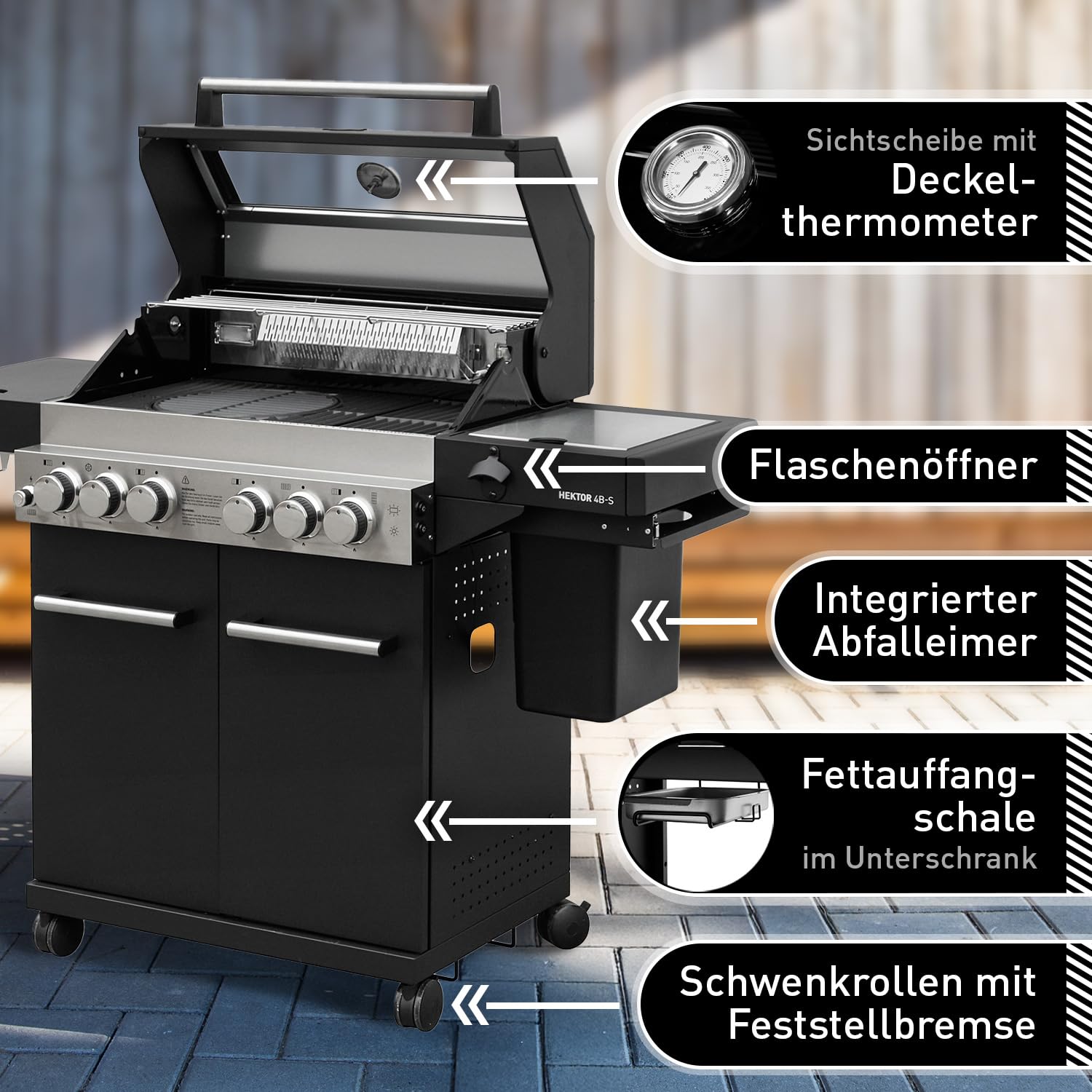 Gasgrill Hektor 4B-S inkl. Drehspieß und Abdeckhaube mit 4 Brennern, Sear-Brenner, Gusseisen-Grillrost, Heckbrenner, Seitenkocher, Sichtfenster und Thermometer für Garten und Terrasse