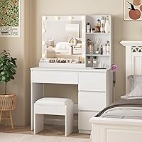 Vista 2 de Vabches Vanity, Makeup Vanity Desk Set with Mirror & Light, Dressing Table Storage Lots with Power Strip, 3 Lighting Modes with Adjustable