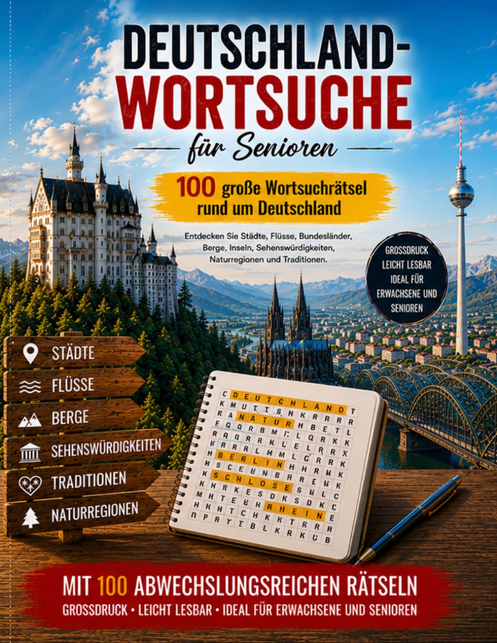Deutschland-Wortsuche für Senioren: 100 große Wortsuchrätsel rund um Deutschland | Städte, Flüsse, Bundesländer, Berge, Sehenswürdigkeiten und Traditionen | Großdruck mit Lösungen