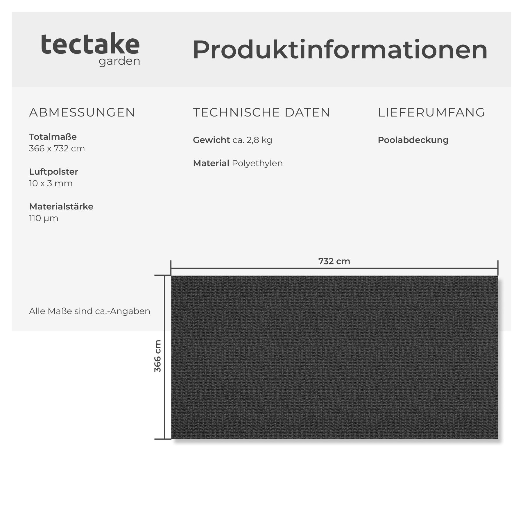 tectake® Poolabdeckung rechteckig, 3,66 x 7,32 m, Stärke 110 μm, zuschneidbar, selbstschwimmend, Solarfolie, Schwimmbadabdeckung, Poolschutz, Poolabdeckplane, Poolüberdachung - schwarz