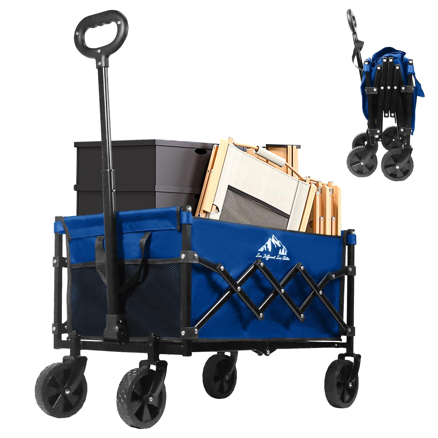 VOYSIGN Collapsible Wagon Folding Utility Cart, Beach Wagon 352LBS Heavy-Duty with Adjustable Handles, 5" Quiet Swivel Wheels, Lightweight (11lbs) for Groceries, Camping, Moving, Blue