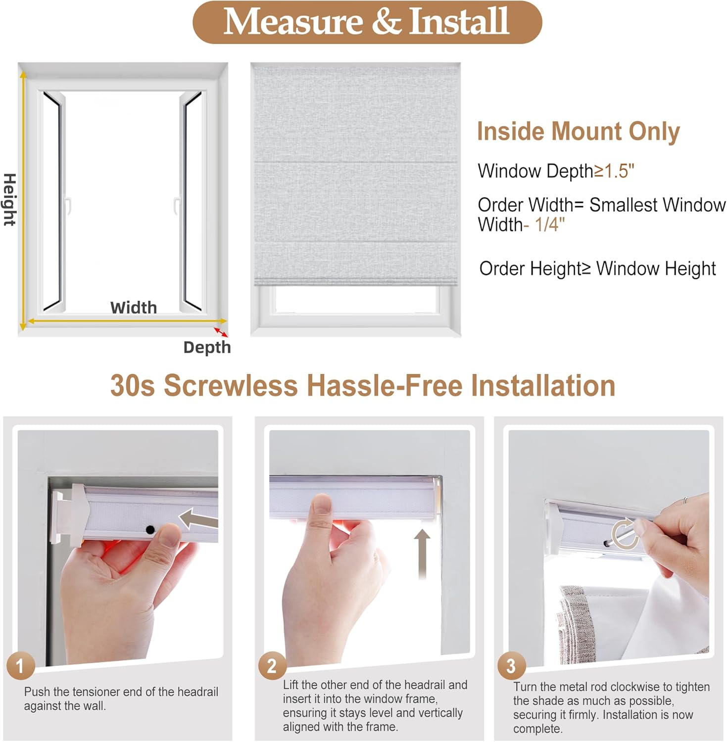 Roman Shades for Windows, Cordless No Drill Blinds for Window, Heat Blcoking and Energy Saving for Living Room, Light Filtering Sheer Brown 37" W x 48" H