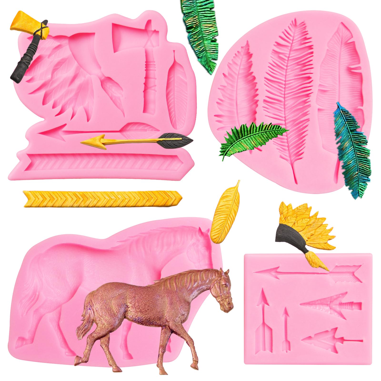 Horse Silicone Mold, Native American Western Indians Axe Feather Arrow Fondant Mold, Arrow Primeval Forest Leaf Chocolate Baking Molds for Cake Decoration Cupcake Topper Candy Gum Paste Clay Resin