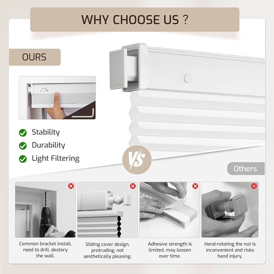 Grandekor No Tools No Drill Cordless Cellular Shades,Light