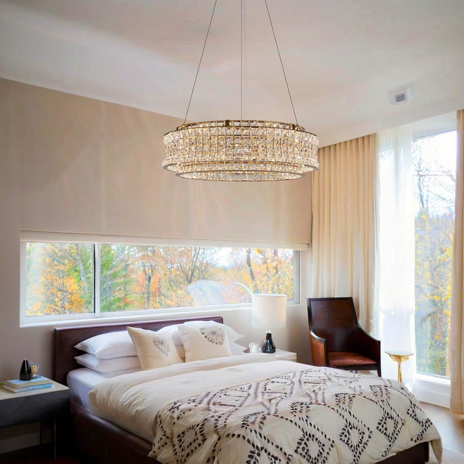 Modern Gold Chandelier 19.7inch Dimmable LED Crystal Chandelier with Remote Control 3000-6000K Crystal Pendant Light Round for Kitchen Island Living Room Bedroom
