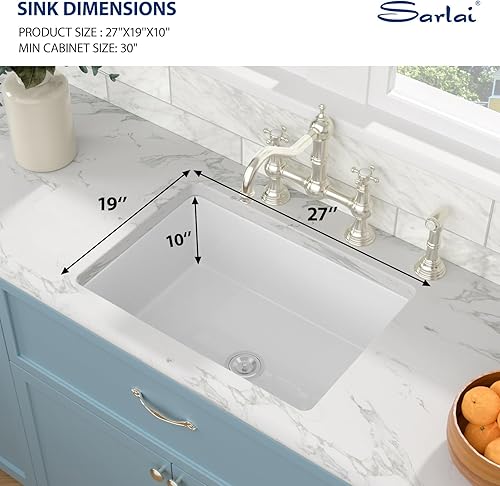 Miniatura 3 de Sarlai Fregadero blanco de 27 pulgadas de arcilla refractaria de 27 x 19 pulgadas, fregadero de cocina blanco de doble caída y montaje inferior,