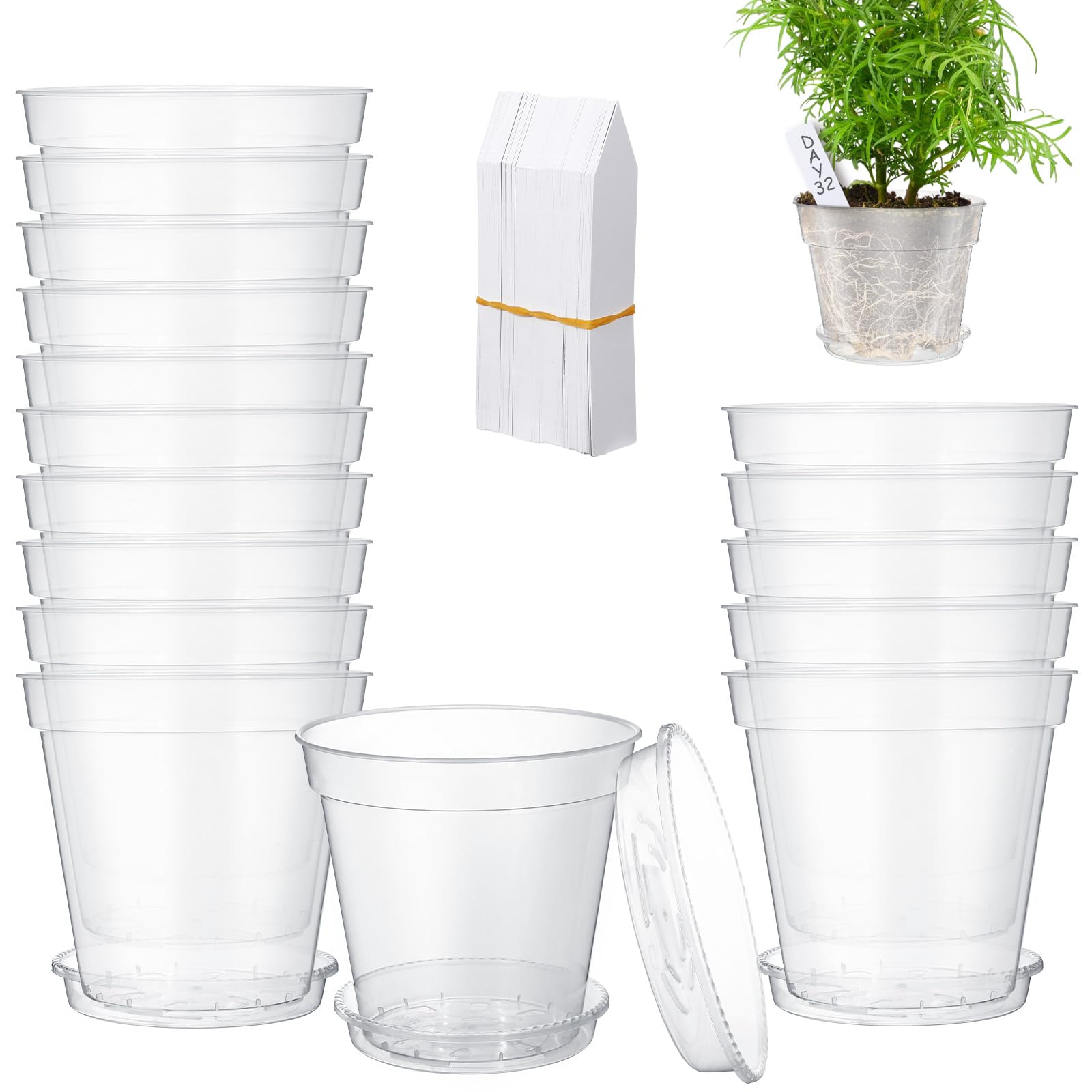 Hushee Lot de 10 pots de fleurs transparents de 20,3 cm avec 10 soucoupes et 100 étiquettes de plantes en plastique transparent avec trou de drainage et plateau d'égouttement pour herbes, fleurs,